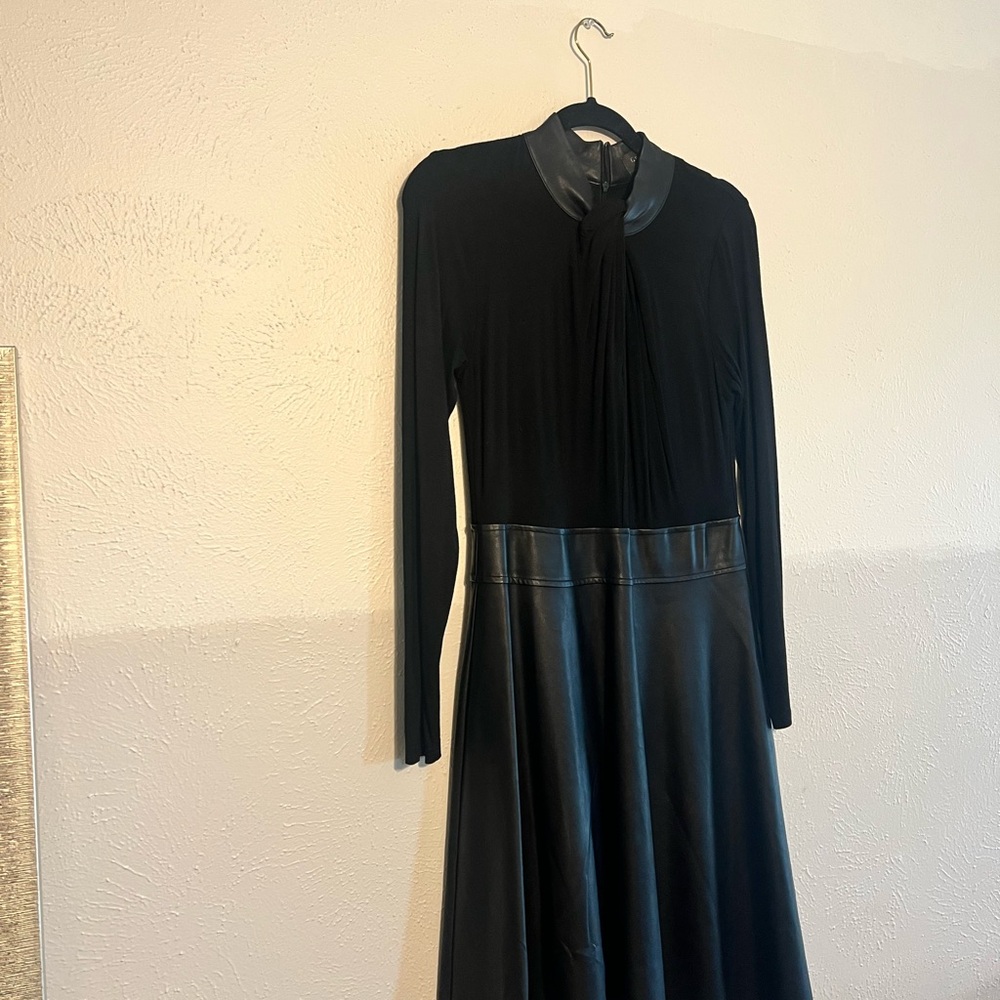 Gracia Black Long-Sleeve Dress with Leather Accents
